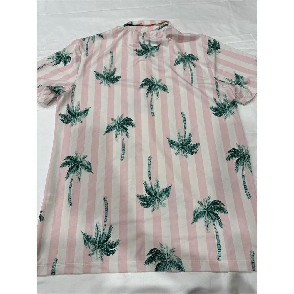 Kenny Flowers Polo Shirt Mens Sz M Pink White Palm Tree Stripe Stretch Portugal
